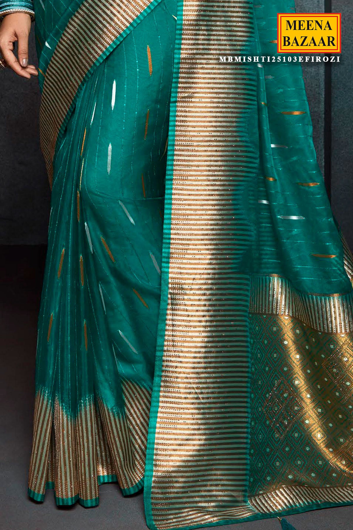 Firozi Organza Sequin Embroidered Studded Saree