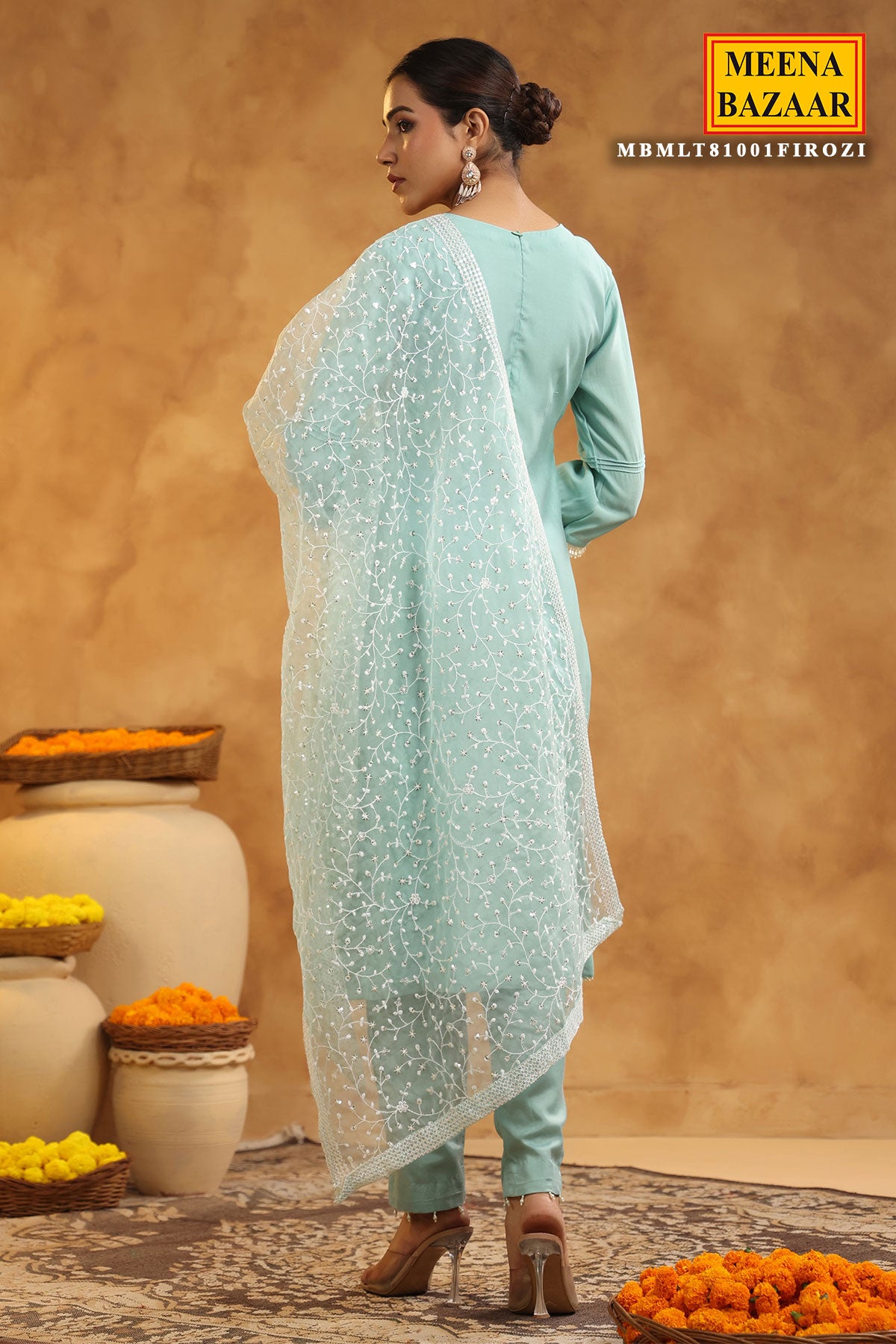 Light Blue Chanderi Cotton Pearl Swarovski Neck Embroidered Suit Set