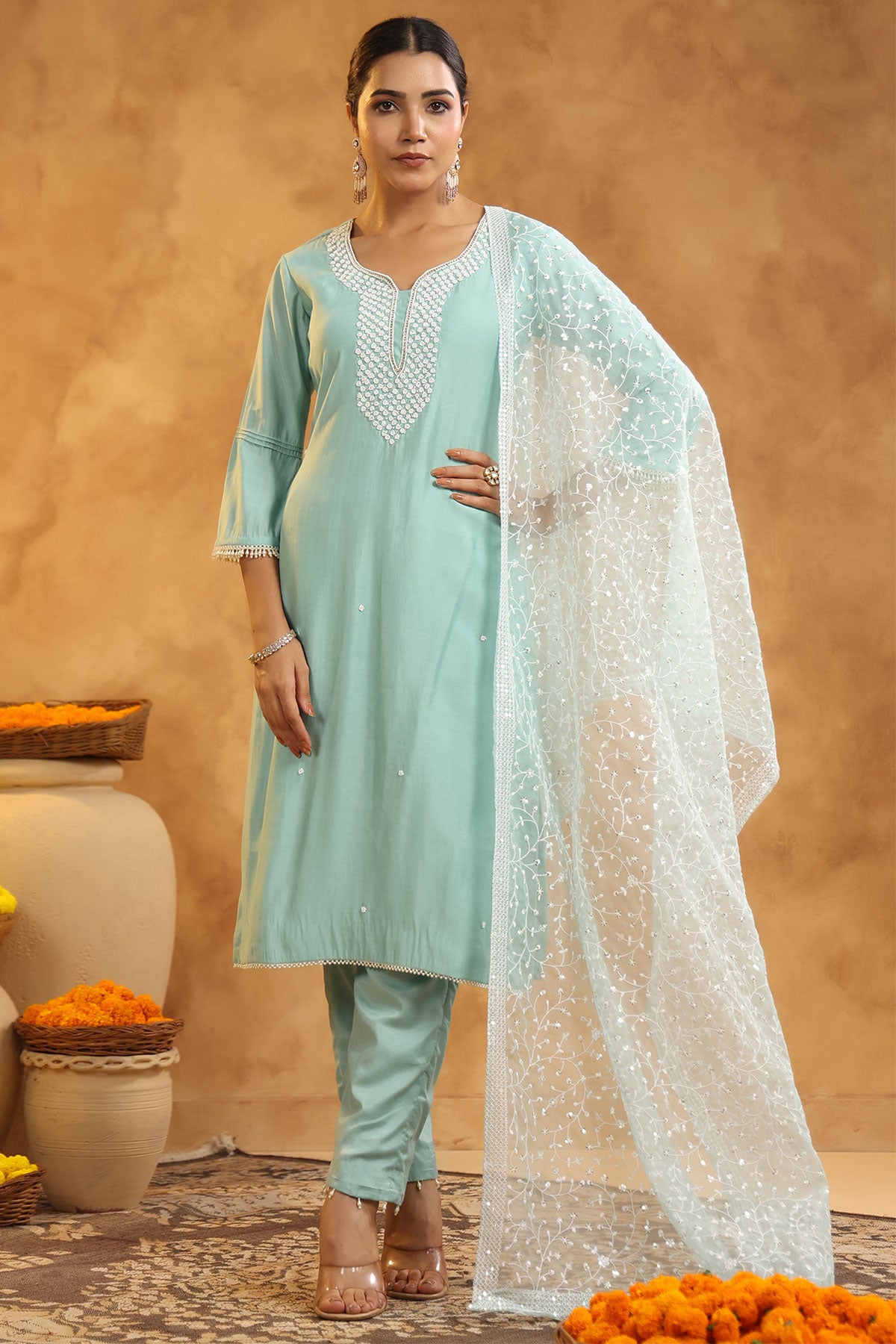 Light Blue Chanderi Cotton Pearl Swarovski Neck Embroidered Suit Set