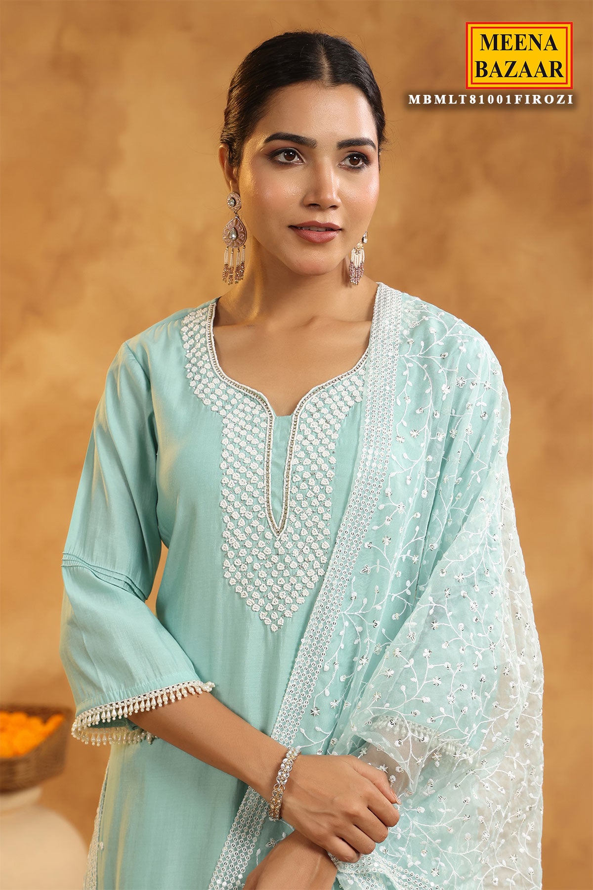 Light Blue Chanderi Cotton Pearl Swarovski Neck Embroidered Suit Set