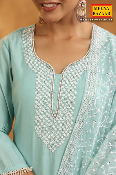 Light Blue Chanderi Cotton Pearl Swarovski Neck Embroidered Suit Set