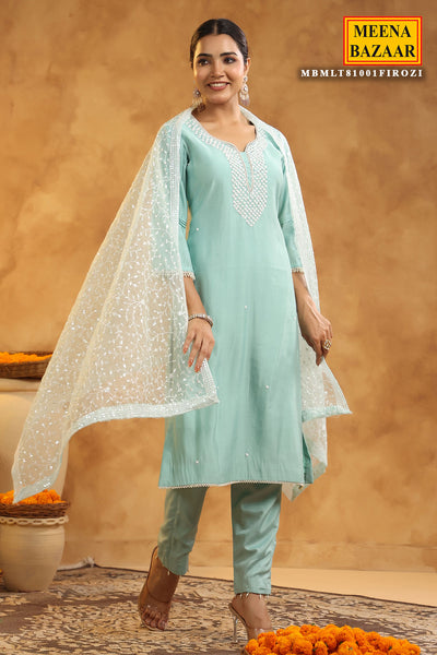 Light Blue Chanderi Cotton Pearl Swarovski Neck Embroidered Suit Set