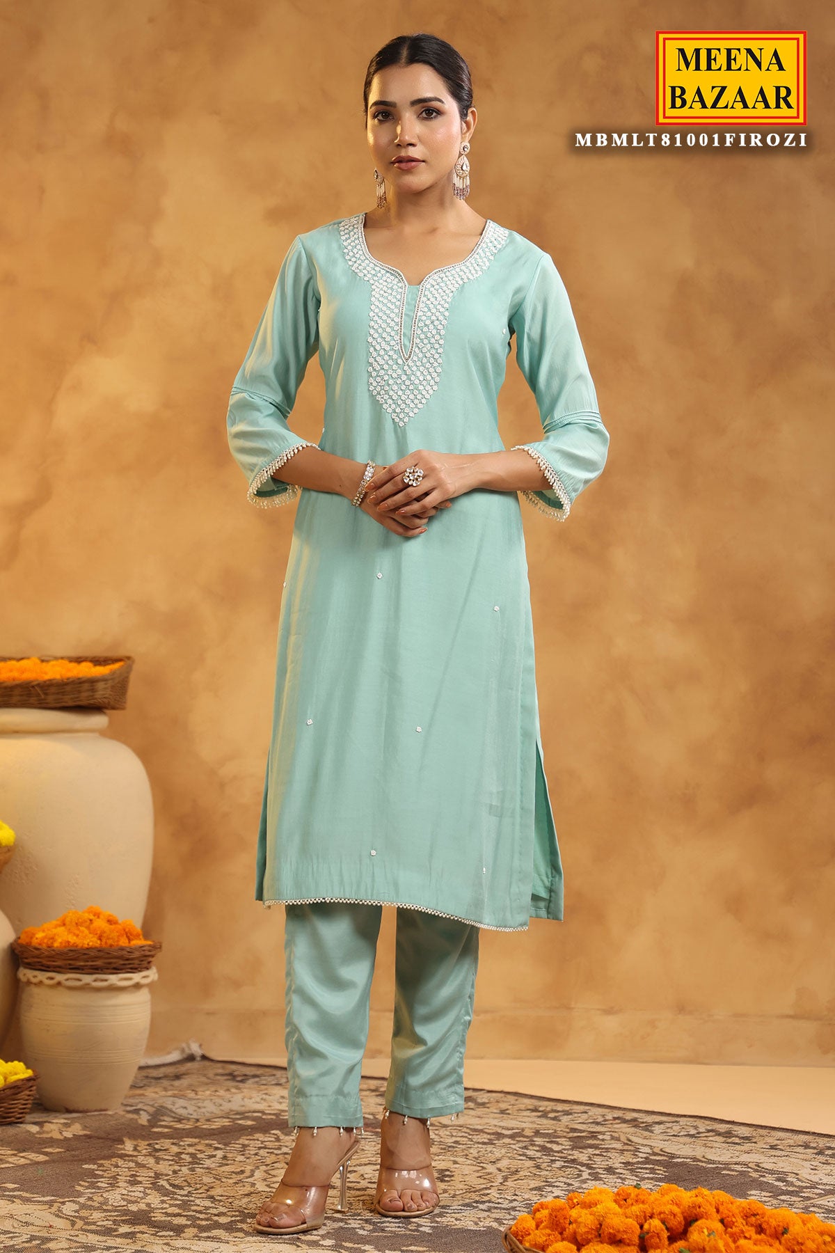 Light Blue Chanderi Cotton Pearl Swarovski Neck Embroidered Suit Set