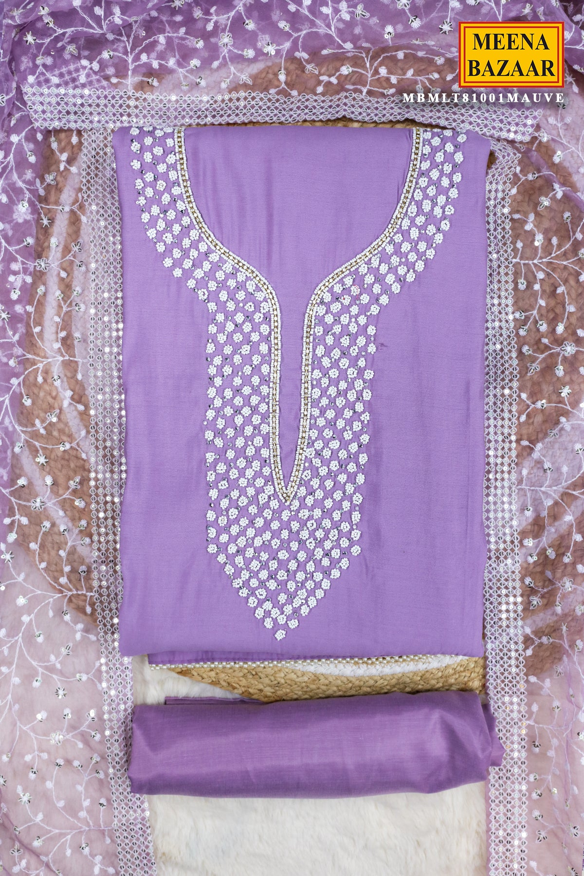 Mauve Chanderi Cotton Pearl Swarovski Neck Embroidered Suit Set