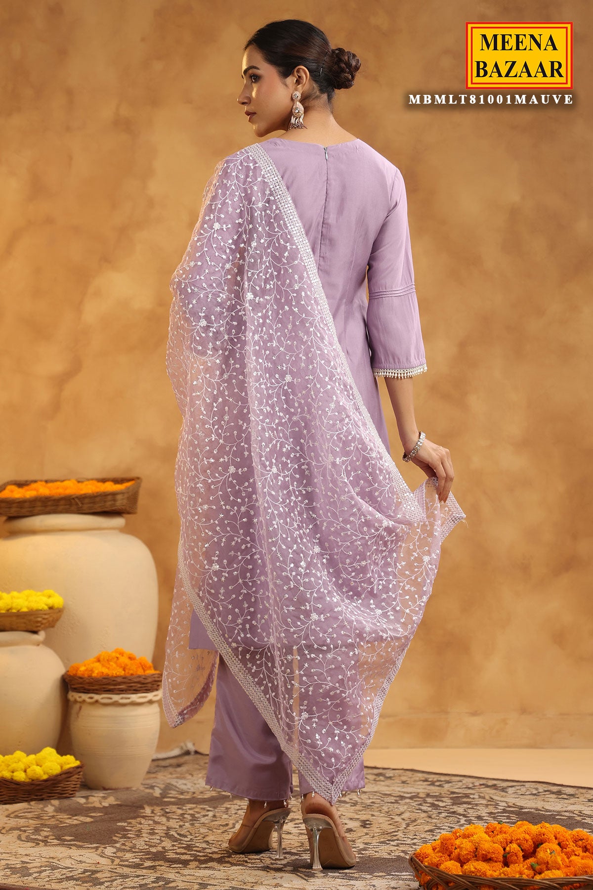 Mauve Chanderi Cotton Pearl Swarovski Neck Embroidered Suit Set