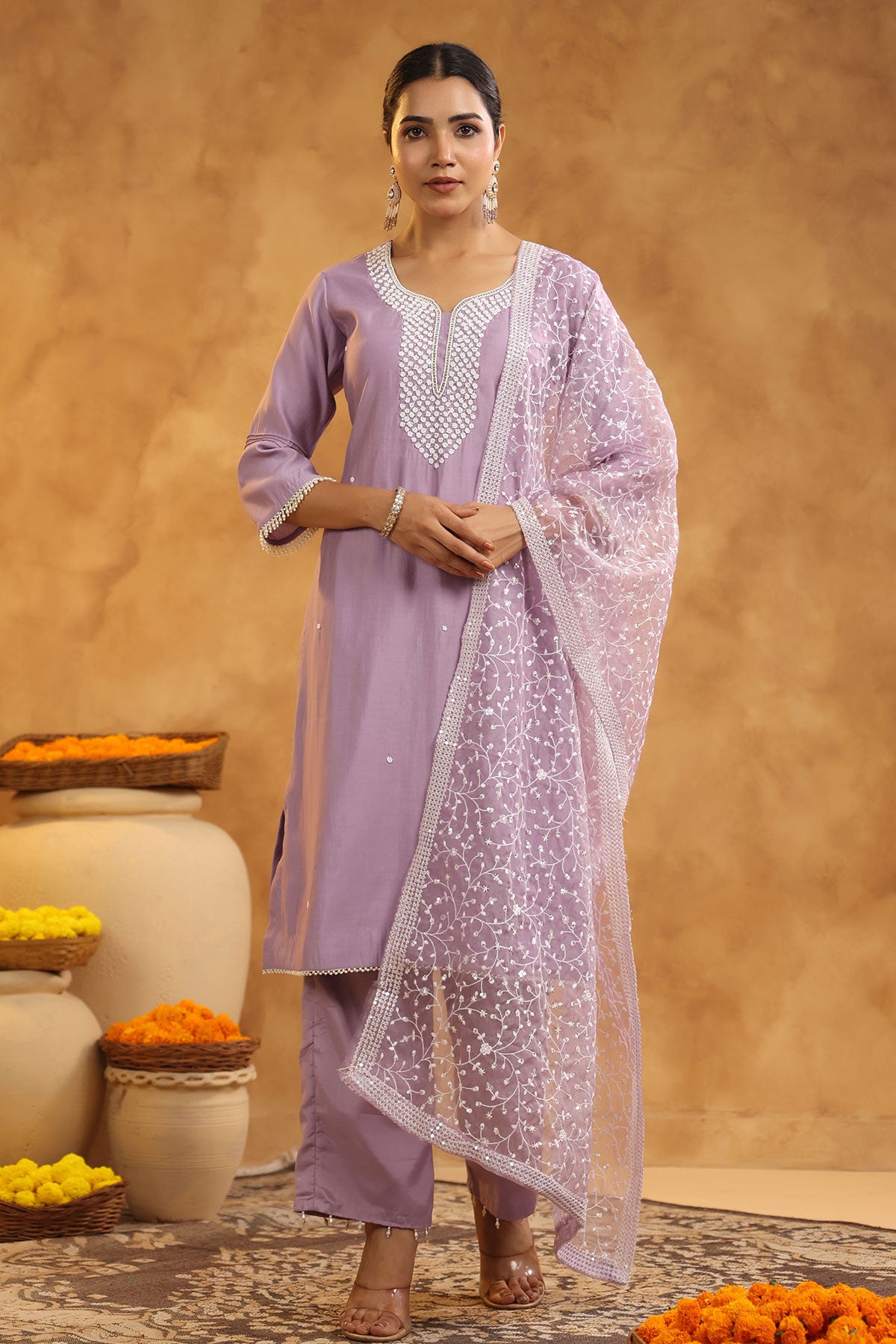 Mauve Chanderi Cotton Pearl Swarovski Neck Embroidered Suit Set