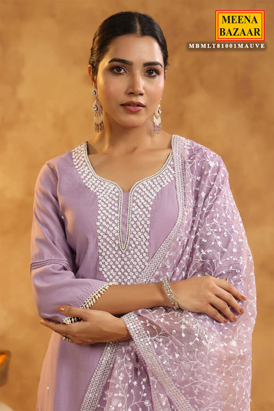 Mauve Chanderi Cotton Pearl Swarovski Neck Embroidered Suit Set