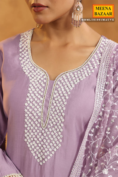 Mauve Chanderi Cotton Pearl Swarovski Neck Embroidered Suit Set