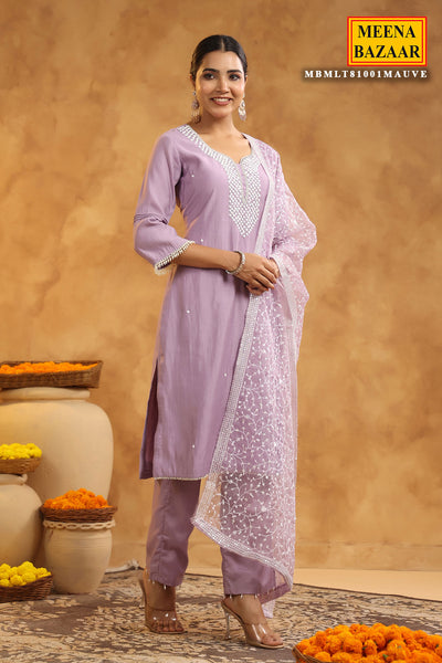 Mauve Chanderi Cotton Pearl Swarovski Neck Embroidered Suit Set