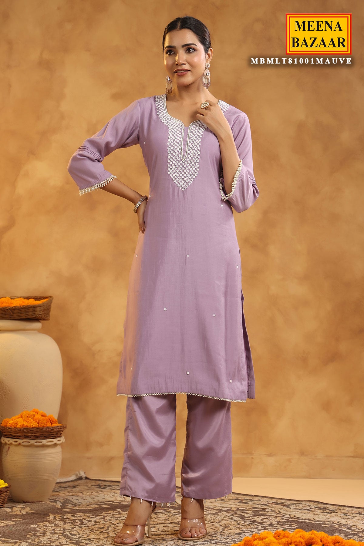 Mauve Chanderi Cotton Pearl Swarovski Neck Embroidered Suit Set