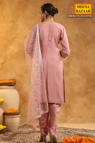 Pink Chanderi Cotton Pearl Swarovski Neck Embroidered Suit Set