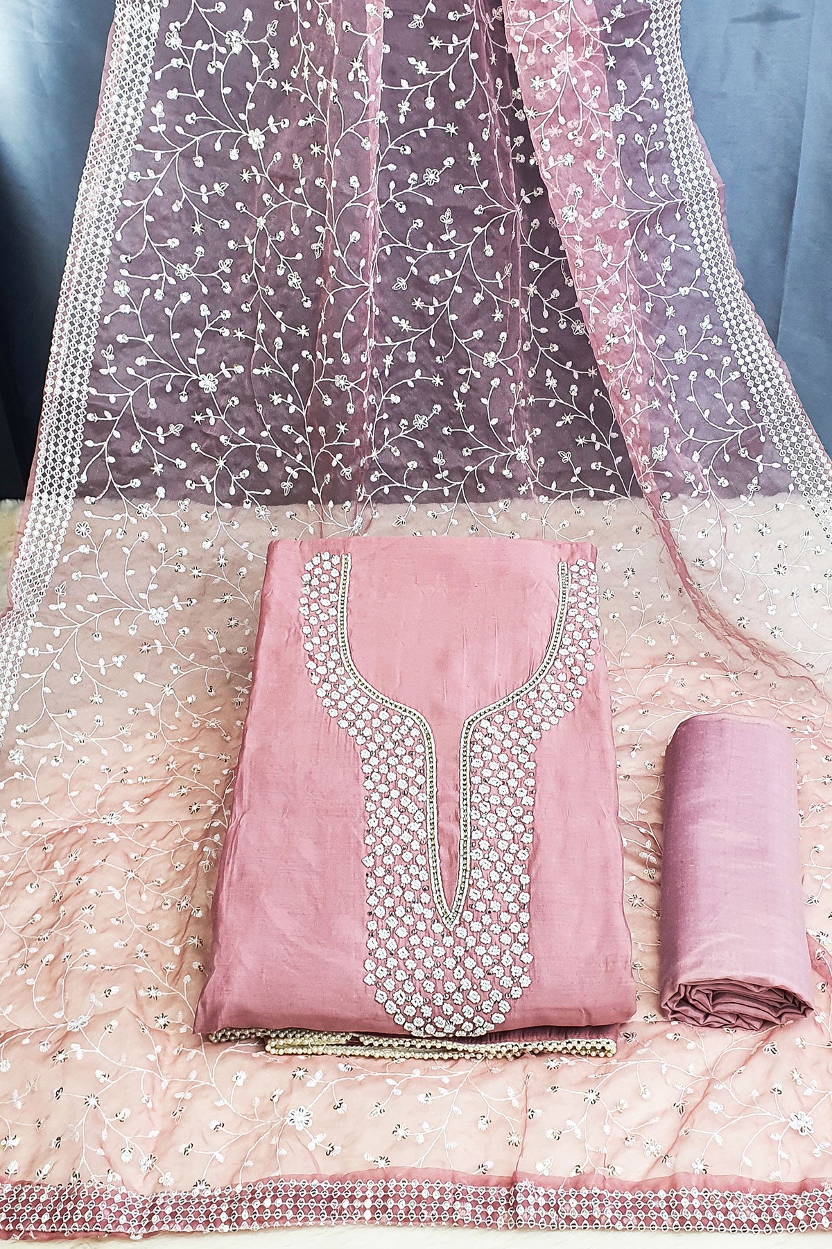 Pink Chanderi Cotton Pearl Swarovski Neck Embroidered Suit Set