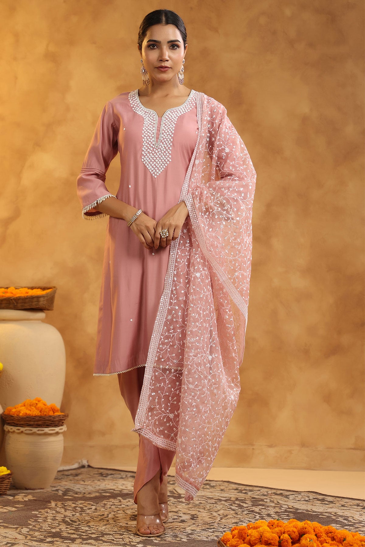 Pink Chanderi Cotton Pearl Swarovski Neck Embroidered Suit Set