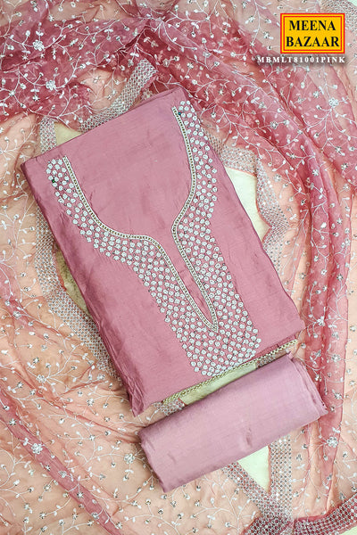 Pink Chanderi Cotton Pearl Swarovski Neck Embroidered Suit Set