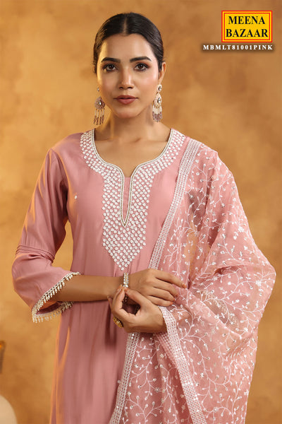 Pink Chanderi Cotton Pearl Swarovski Neck Embroidered Suit Set