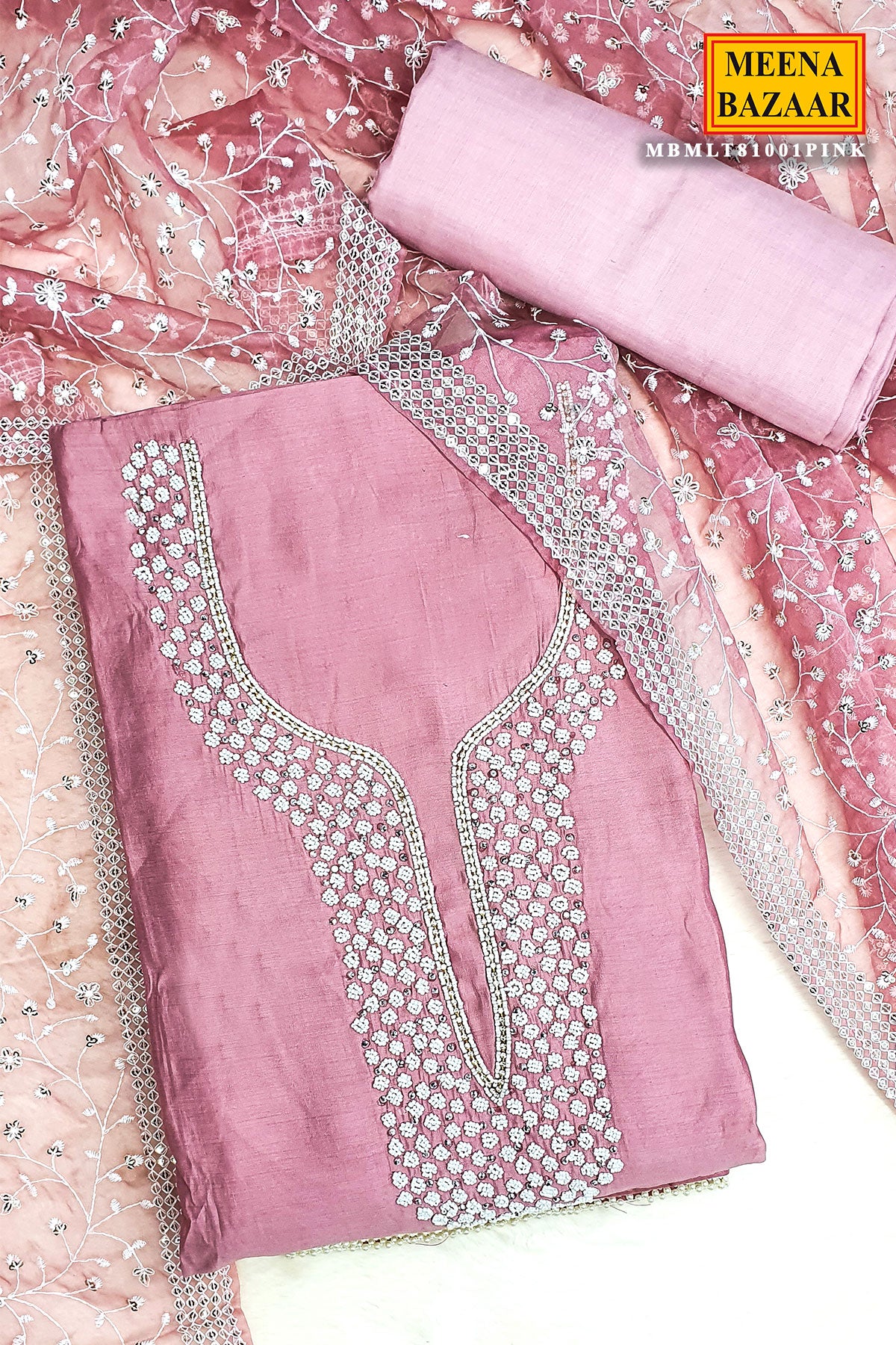 Pink Chanderi Cotton Pearl Swarovski Neck Embroidered Suit Set