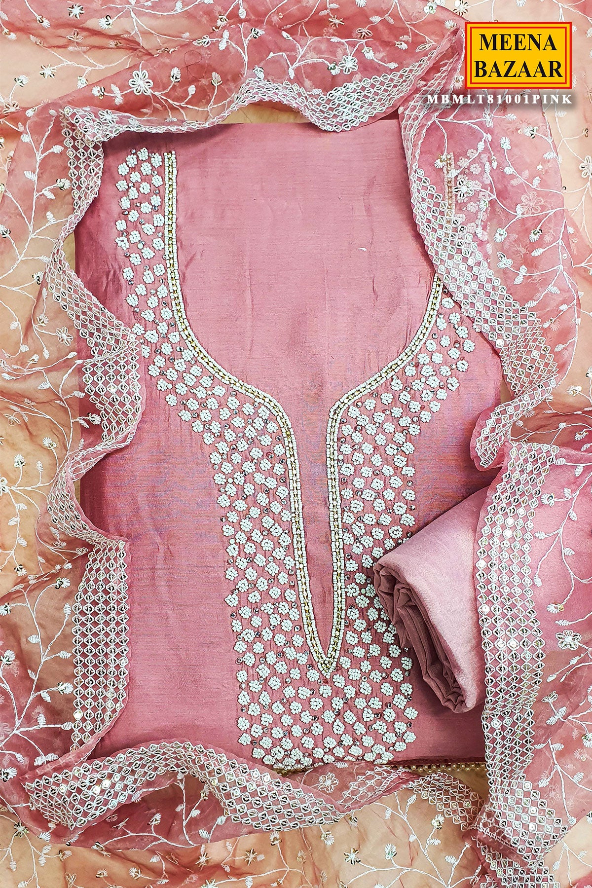 Pink Chanderi Cotton Pearl Swarovski Neck Embroidered Suit Set