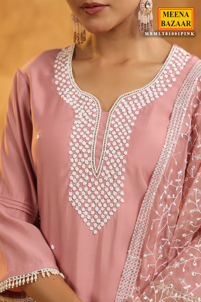 Pink Chanderi Cotton Pearl Swarovski Neck Embroidered Suit Set