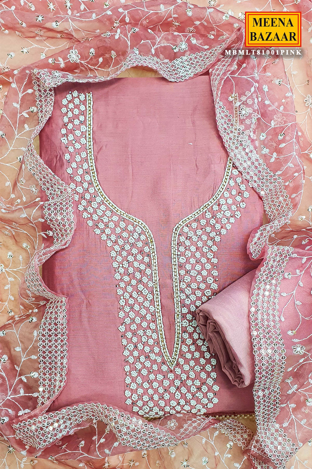 Pink Chanderi Cotton Pearl Swarovski Neck Embroidered Suit Set