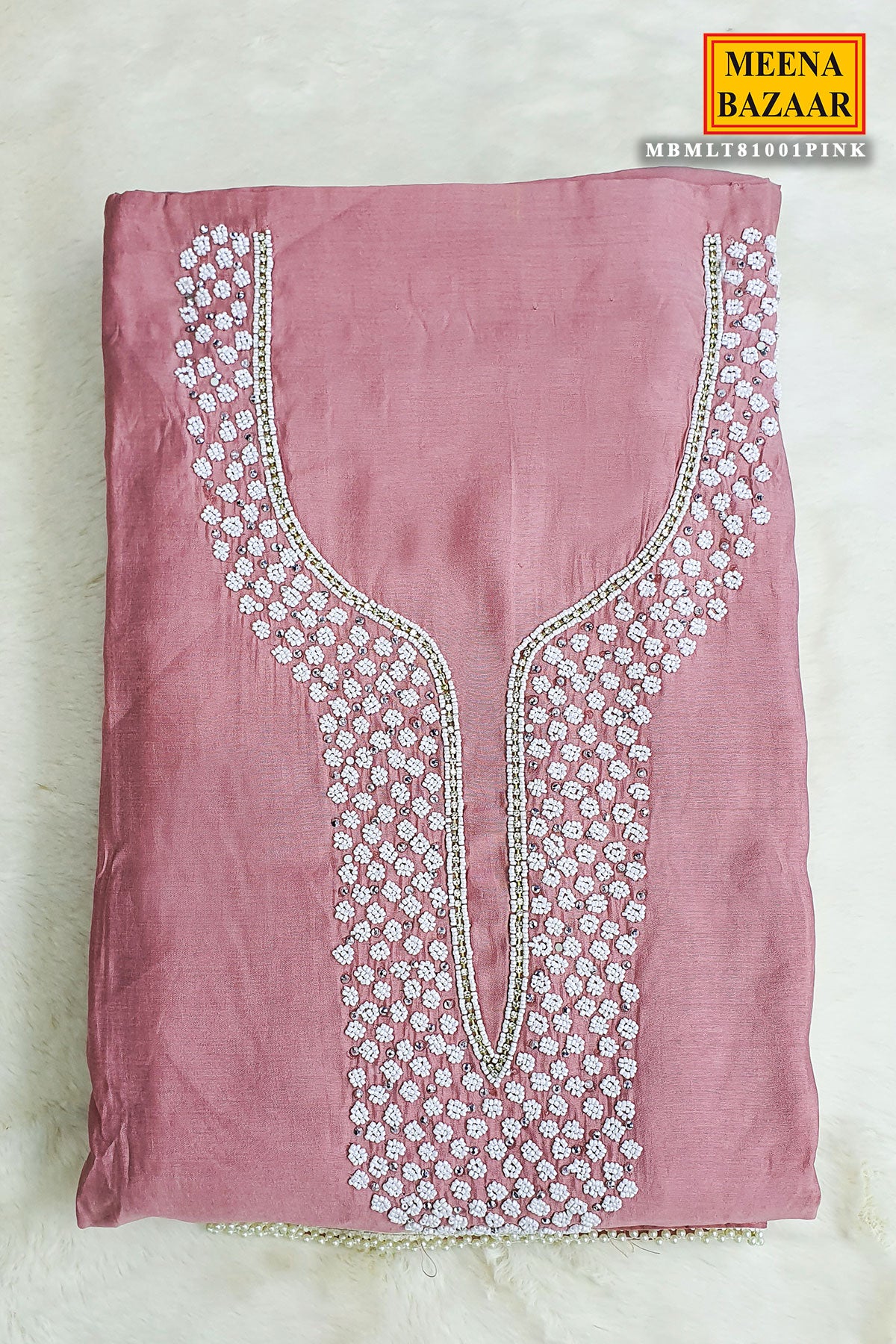 Pink Chanderi Cotton Pearl Swarovski Neck Embroidered Suit Set