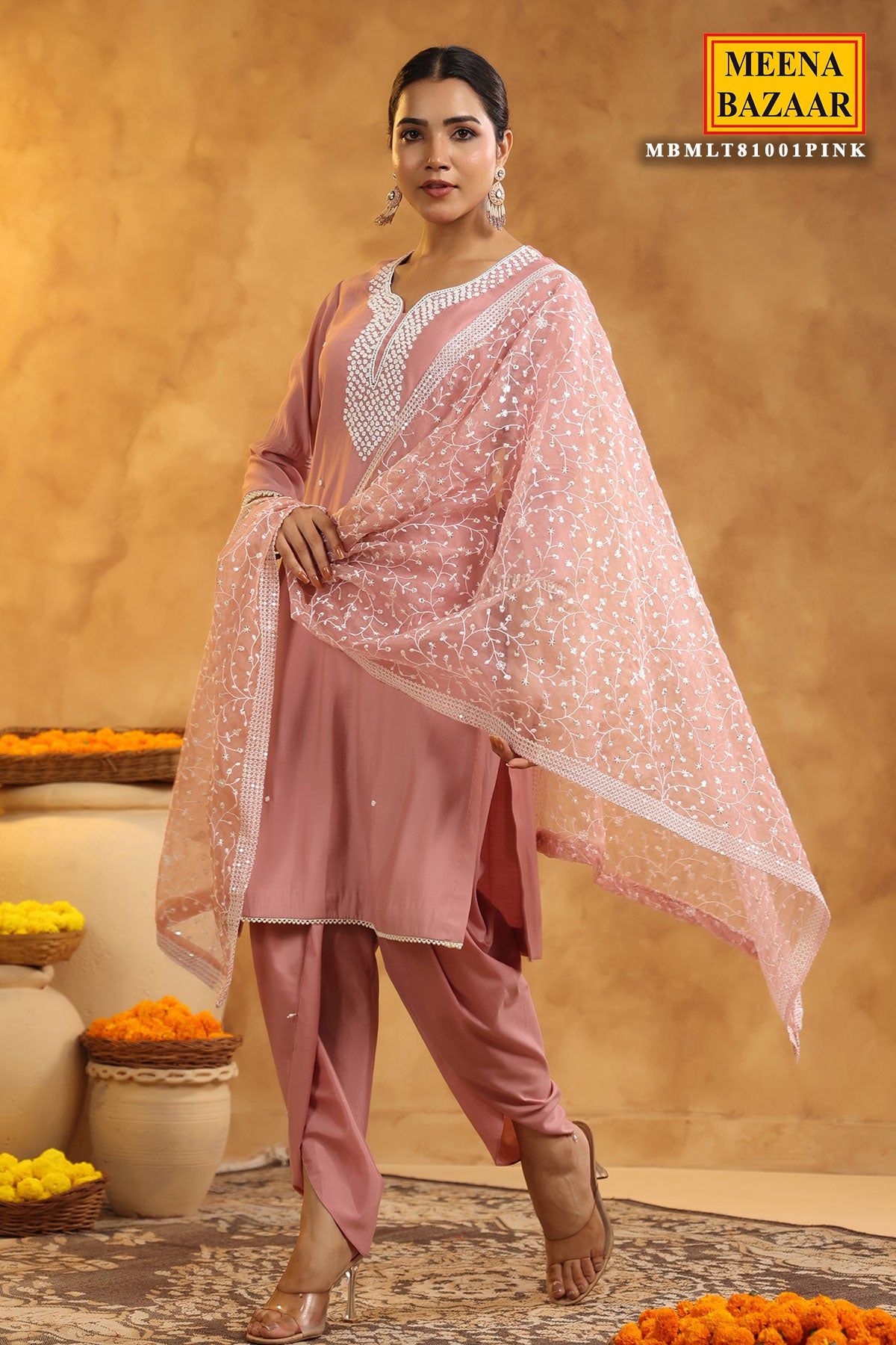 Pink Chanderi Cotton Pearl Swarovski Neck Embroidered Suit Set