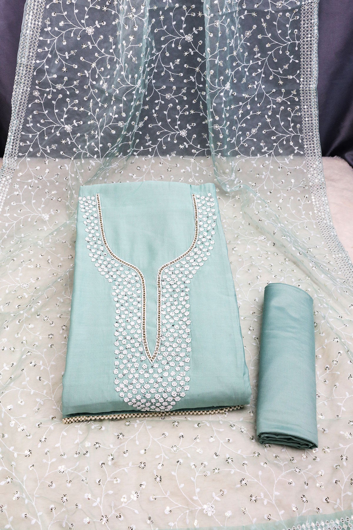 Sea Green Chanderi Cotton Pearl Swarovski Neck Embroidered Suit Set