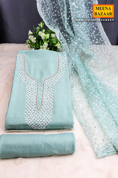 Sea Green Chanderi Cotton Pearl Swarovski Neck Embroidered Suit Set