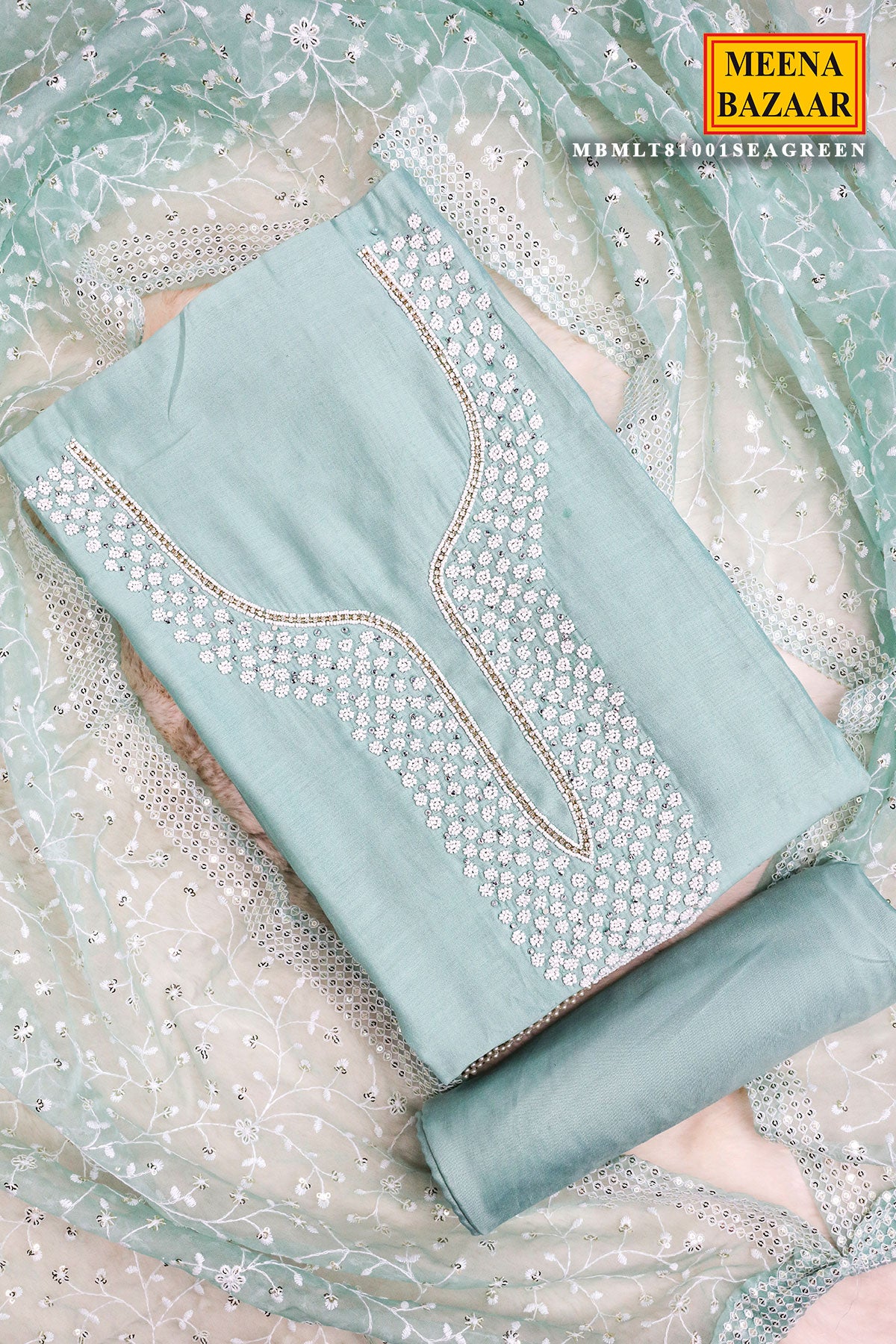 Sea Green Chanderi Cotton Pearl Swarovski Neck Embroidered Suit Set