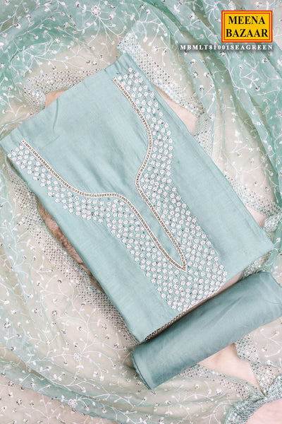 Sea Green Chanderi Cotton Pearl Swarovski Neck Embroidered Suit Set