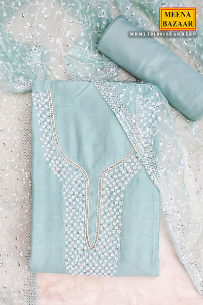 Sea Green Chanderi Cotton Pearl Swarovski Neck Embroidered Suit Set