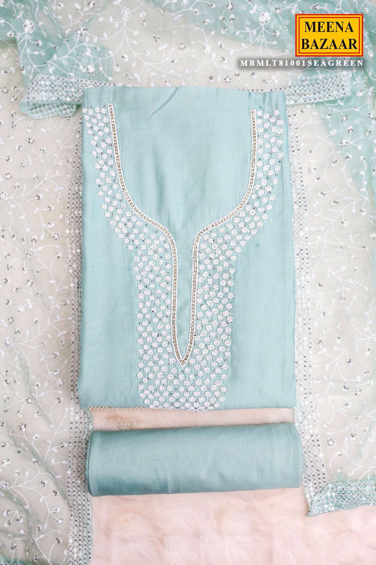 Sea Green Chanderi Cotton Pearl Swarovski Neck Embroidered Suit Set