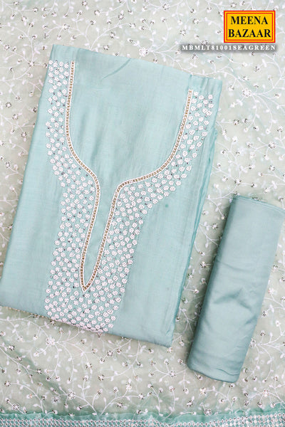 Sea Green Chanderi Cotton Pearl Swarovski Neck Embroidered Suit Set