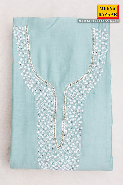 Sea Green Chanderi Cotton Pearl Swarovski Neck Embroidered Suit Set