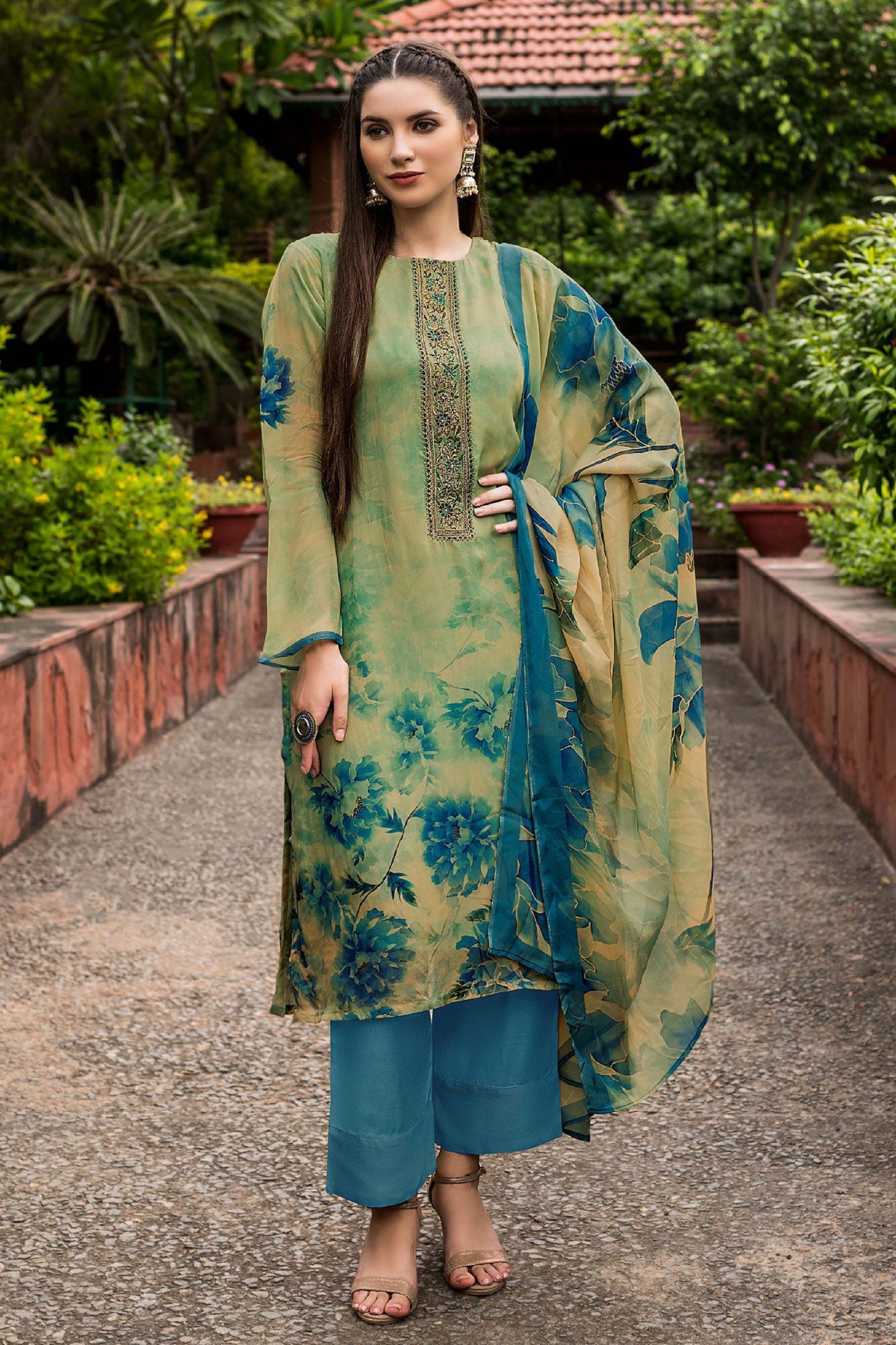 Blue Muslin Floral Printed Suit Set with Zari and Threadwork Embroidery