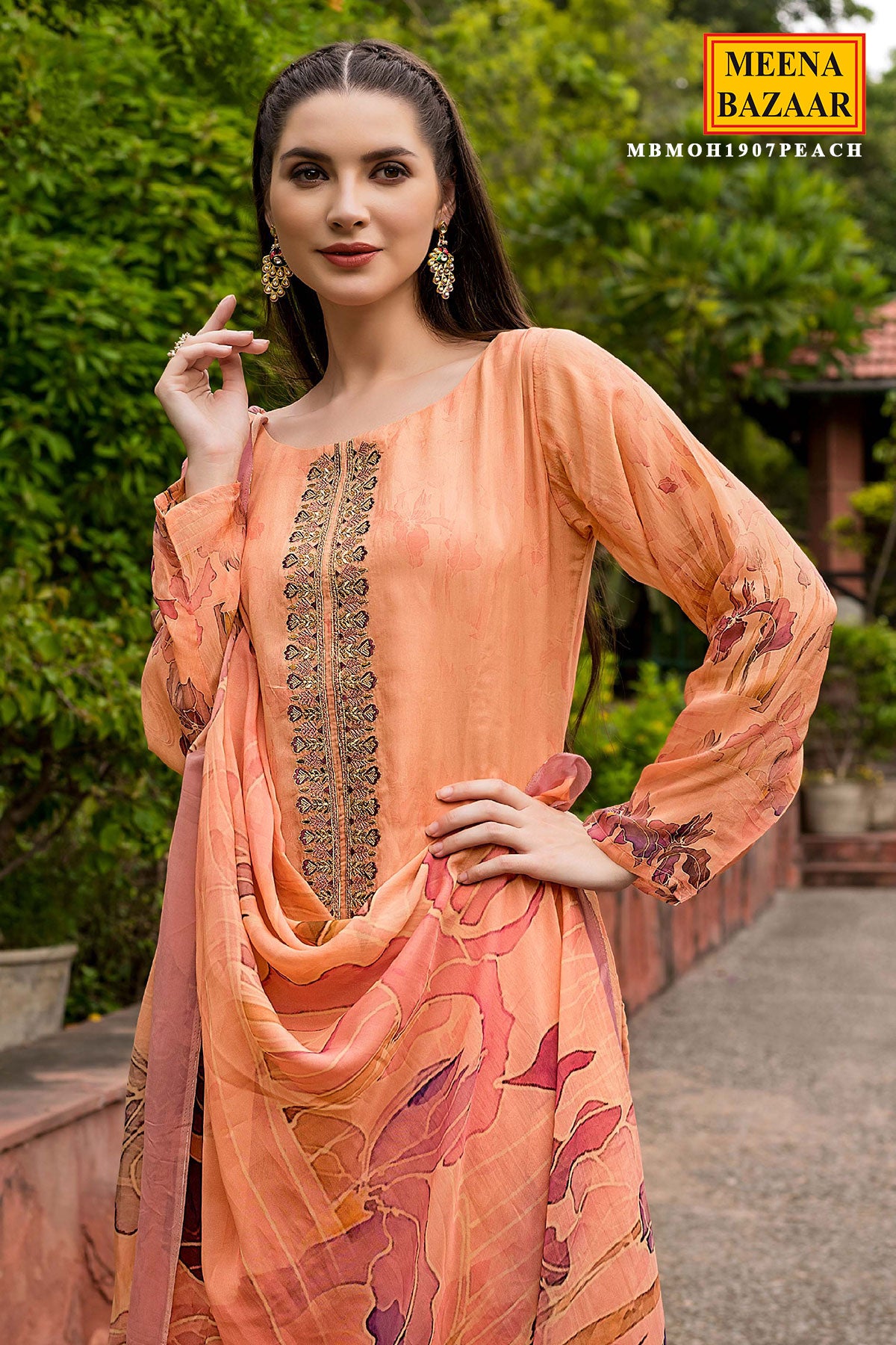 Peach Muslin Floral Printed Suit Set with Zari and Threadwork Embroidery