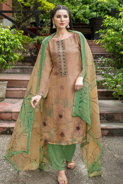 Tussar Muslin Floral Printed Suit Set with Zari and Threadwork Embroidery
