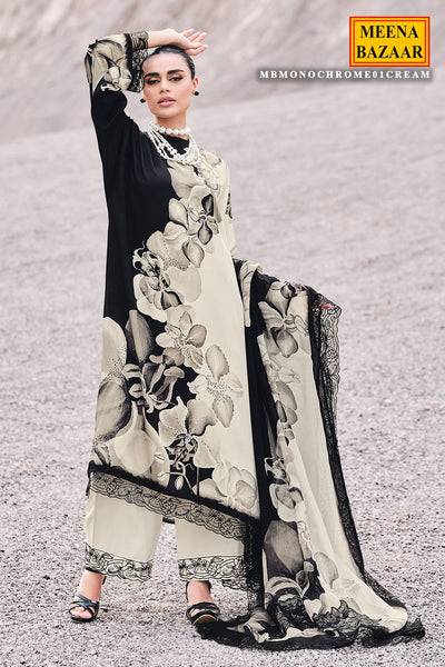 Black & Cream Printed Muslin Embroidered Suit Set