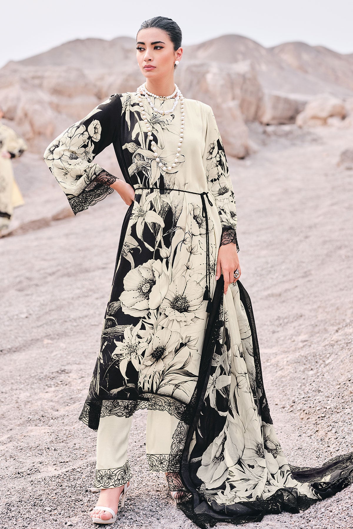 Cream & Black Muslin Printed Embroidered Suit Set