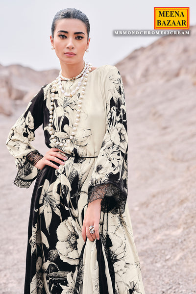 Cream & Black Muslin Printed Embroidered Suit Set