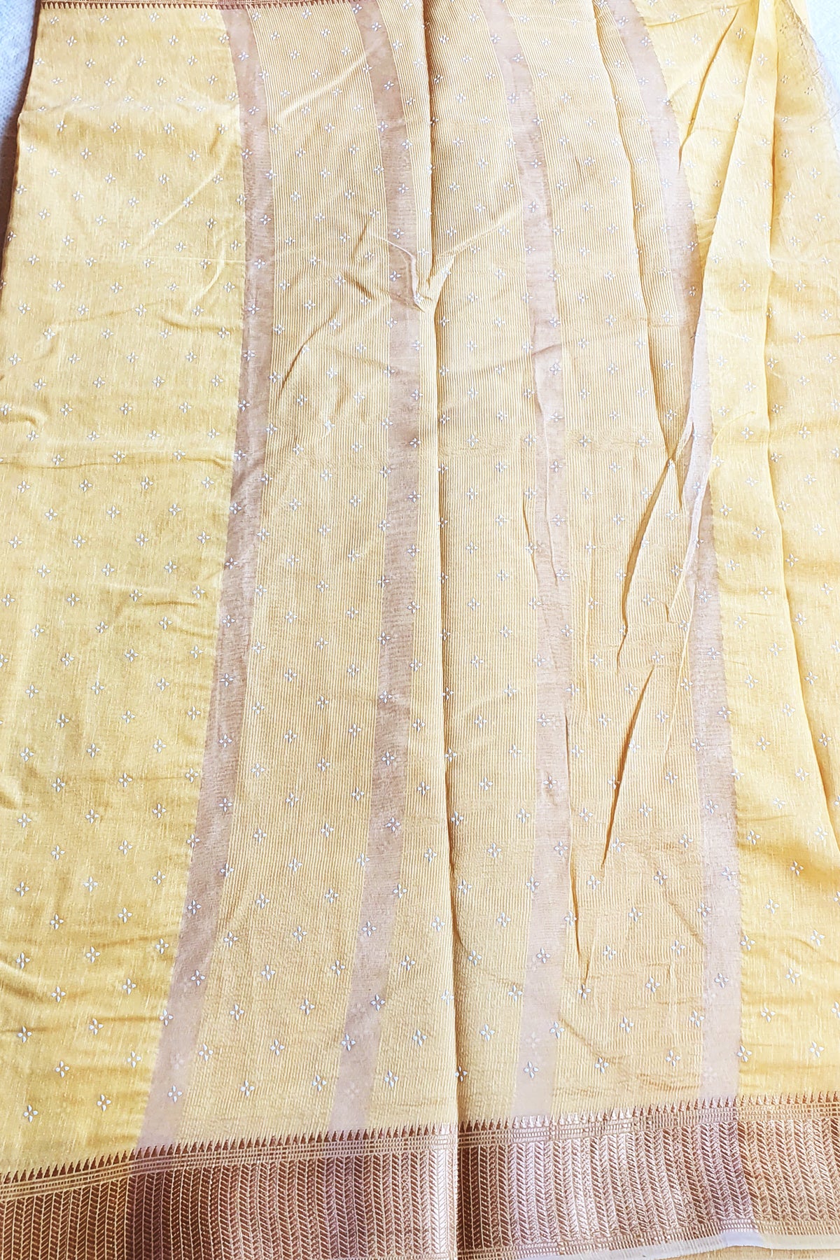 Mustard Cotton Blend Zari Woven Saree With Striped Borders
