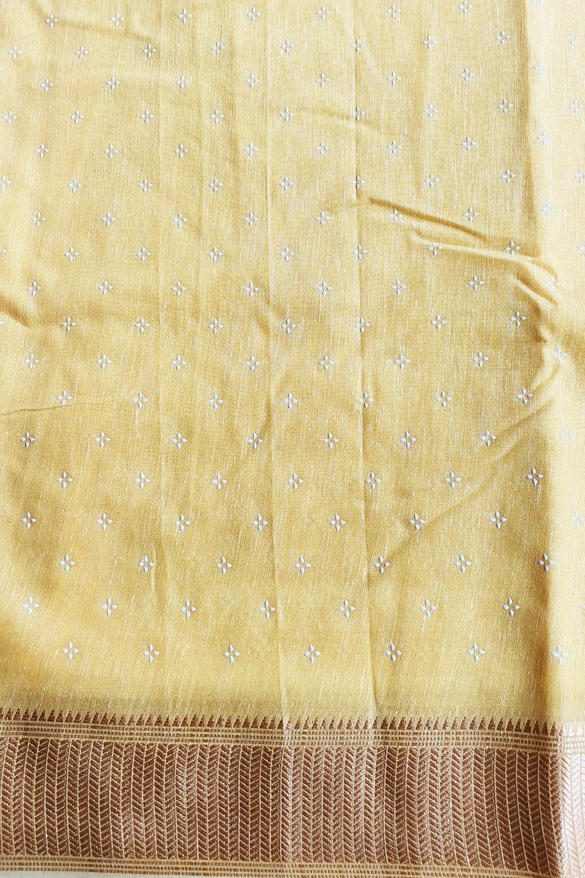 Mustard Cotton Blend Zari Woven Saree With Striped Borders