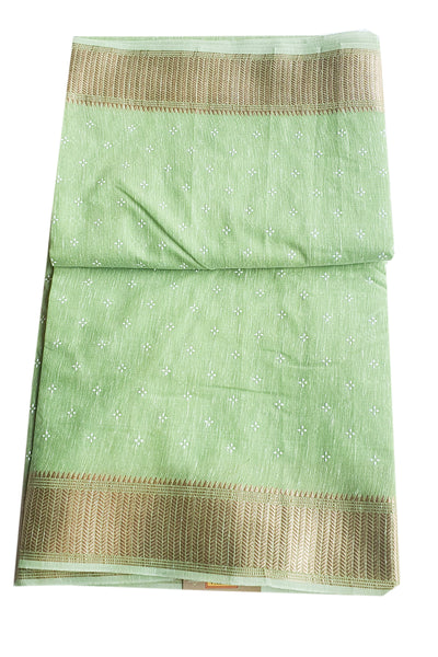 Pista Cotton Blend Zari Woven Saree With Striped Borders