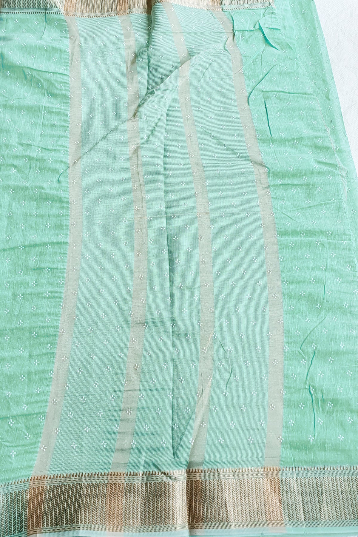 Firozi Cotton Blend Zari Woven Saree With Striped Borders