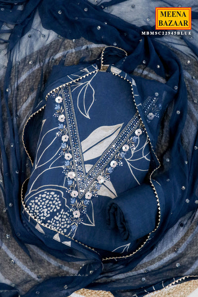 Navy Blue Muslin Sequin, Cut Daana Embroidered Unstitched Suit