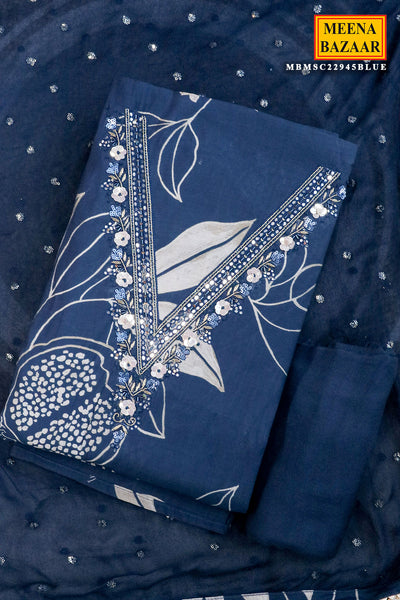 Navy Blue Muslin Sequin, Cut Daana Embroidered Unstitched Suit