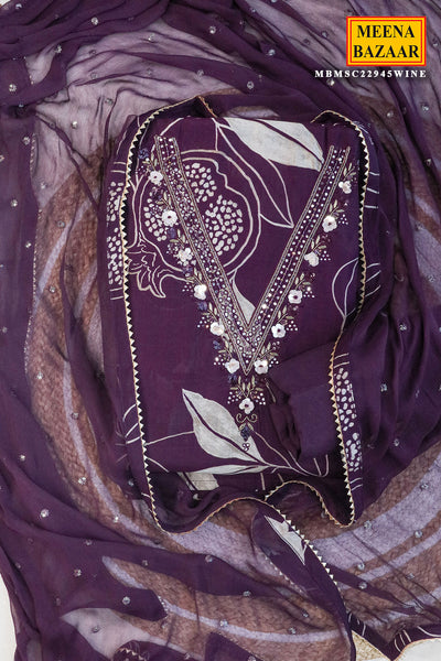 Wine Muslin Sequin, Cut Daana Embroidered Unstitched Suit