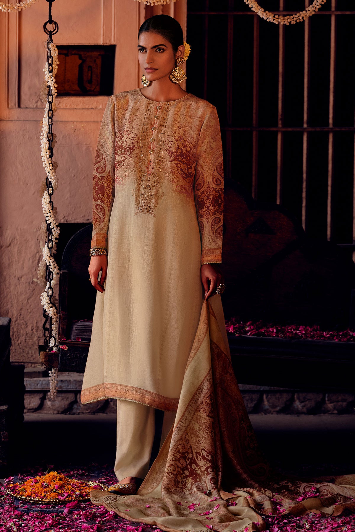 Tussar Modal Satin Printed & Lace Embroidered Unstitched Suit