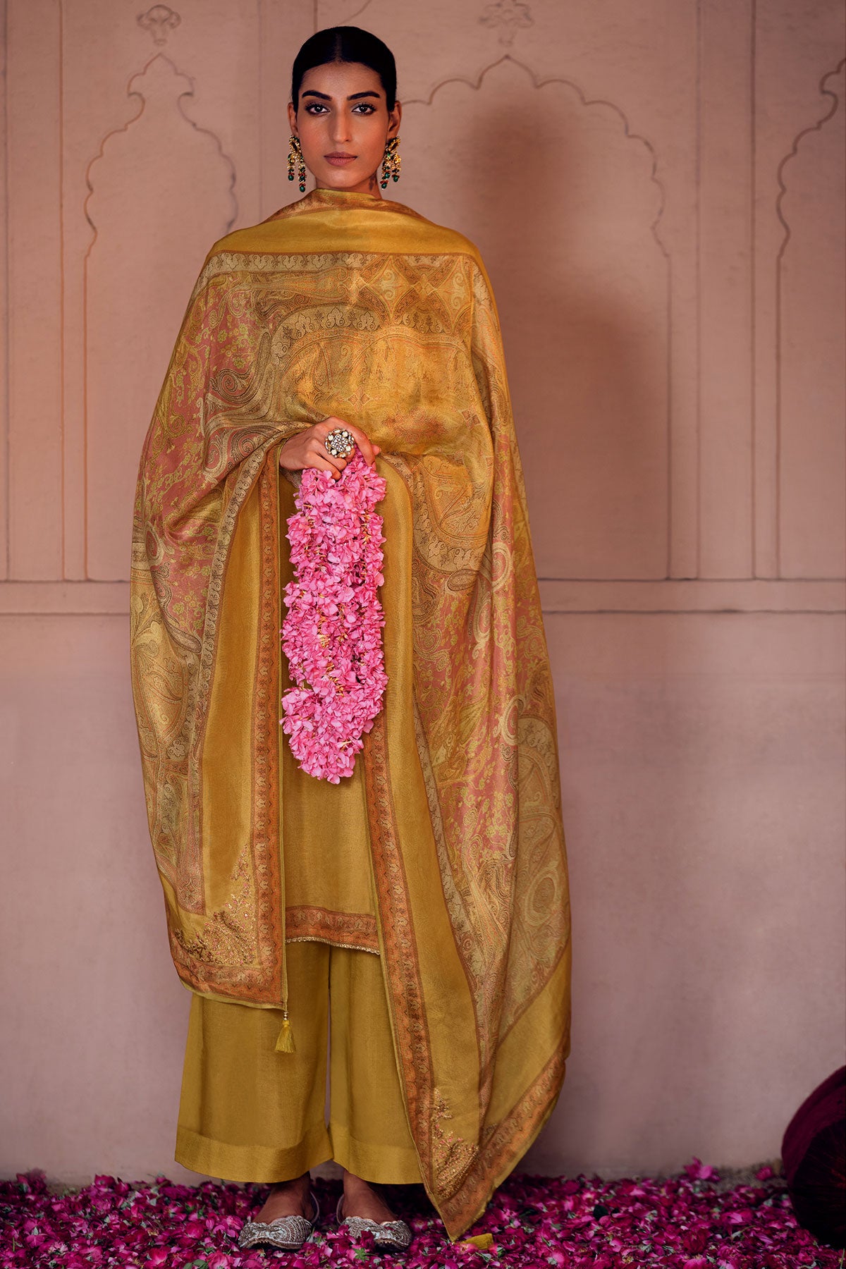 Mustard Modal Satin Printed & Lace Embroidered Unstitched Suit