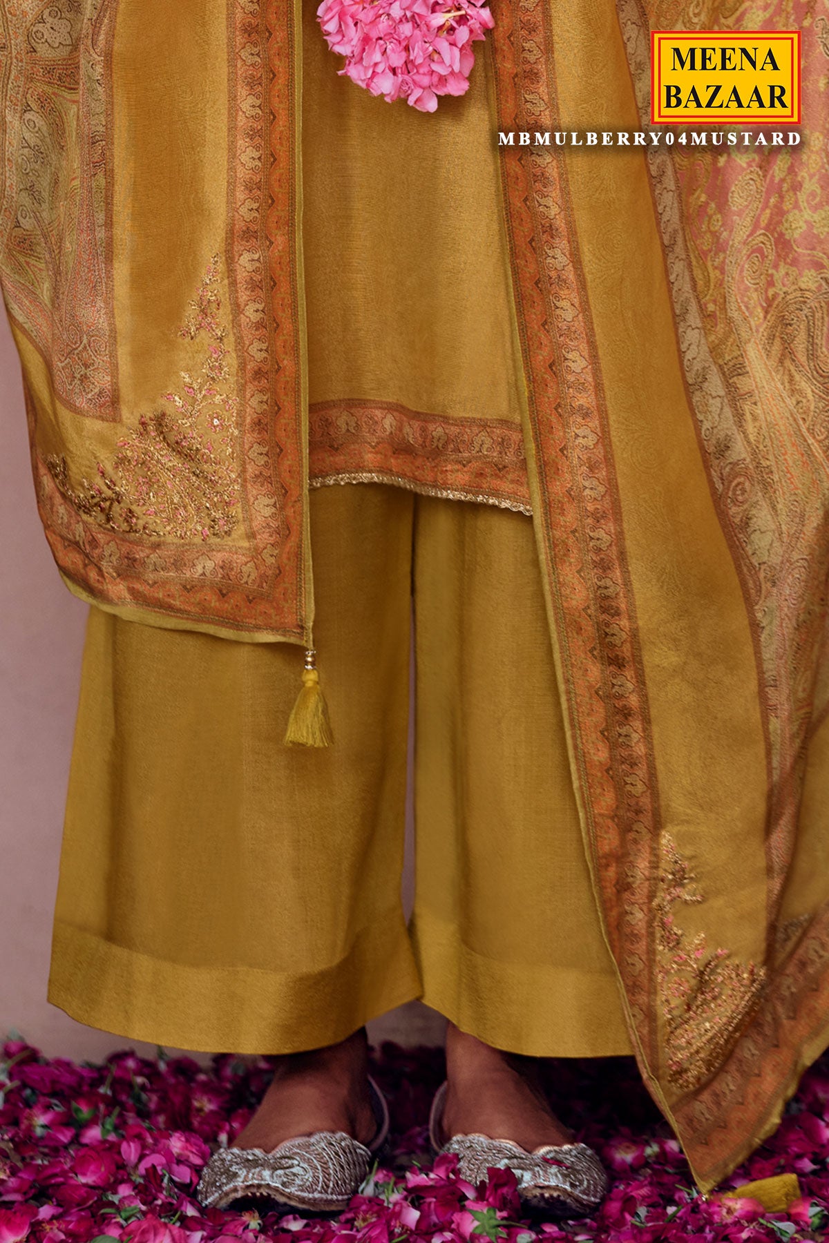 Mustard Modal Satin Printed & Lace Embroidered Unstitched Suit