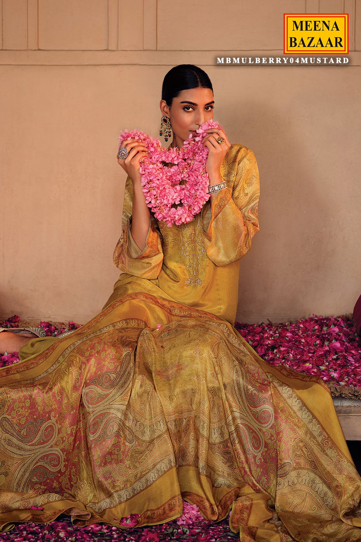 Mustard Modal Satin Printed & Lace Embroidered Unstitched Suit